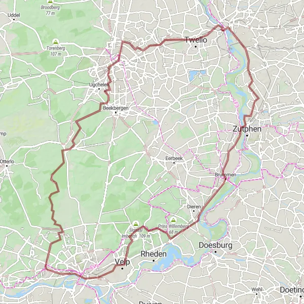 Map miniature of "Gravel Cycling Route: Oosterbeek - Apeldoorn - Arnhem" cycling inspiration in Gelderland, Netherlands. Generated by Tarmacs.app cycling route planner