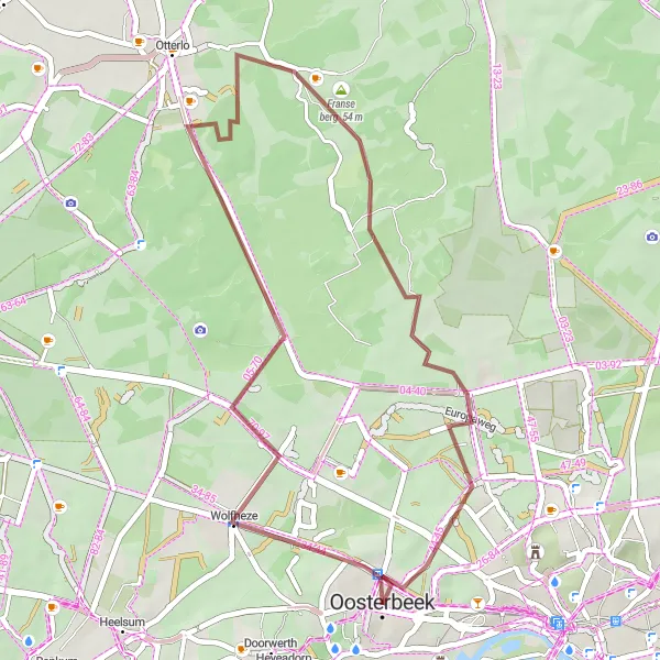 Map miniature of "Gravel Adventure: Oosterbeek - Wolfheze Loop" cycling inspiration in Gelderland, Netherlands. Generated by Tarmacs.app cycling route planner