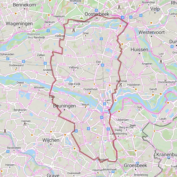 Map miniature of "Gravel Paradise: Arnhem - Nijmegen Challenge" cycling inspiration in Gelderland, Netherlands. Generated by Tarmacs.app cycling route planner