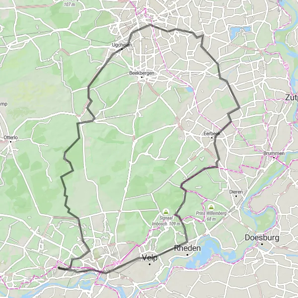 Map miniature of "Oosterbeek - Arnhem Loop" cycling inspiration in Gelderland, Netherlands. Generated by Tarmacs.app cycling route planner