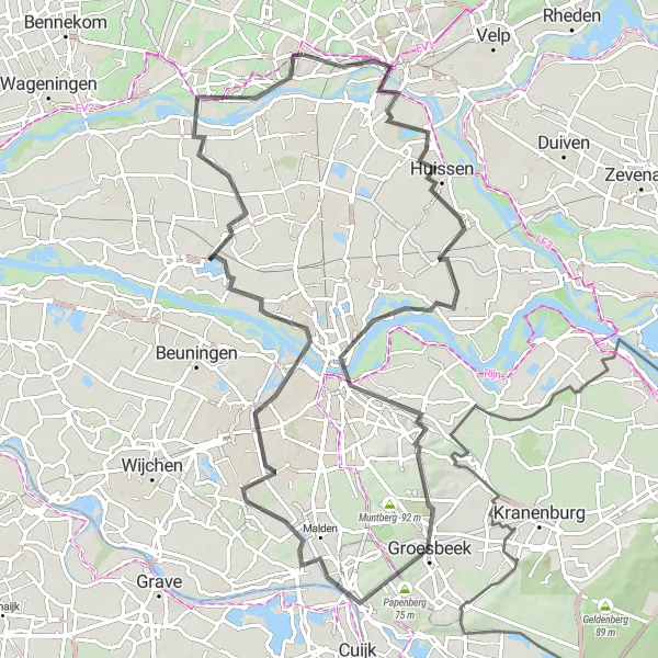 Map miniature of "Hills of Gelderland: Oosterbeek - Doorwerth Challenge" cycling inspiration in Gelderland, Netherlands. Generated by Tarmacs.app cycling route planner