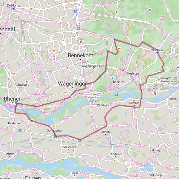 Map miniature of "The Grebbelinie Gravel Adventure" cycling inspiration in Gelderland, Netherlands. Generated by Tarmacs.app cycling route planner