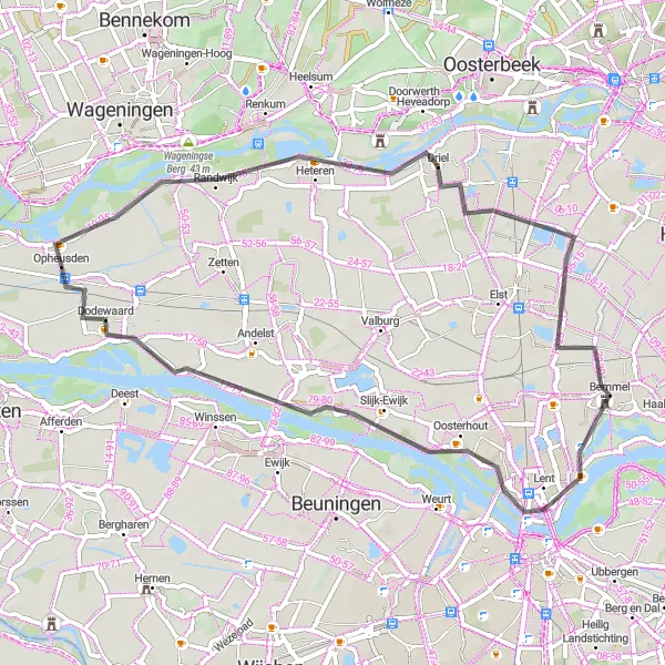Map miniature of "Heteren and Sint-Jansberg Exploration" cycling inspiration in Gelderland, Netherlands. Generated by Tarmacs.app cycling route planner
