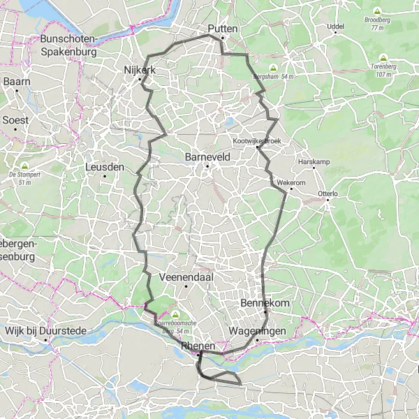 Map miniature of "The Rhenen-Kesteren Route" cycling inspiration in Gelderland, Netherlands. Generated by Tarmacs.app cycling route planner