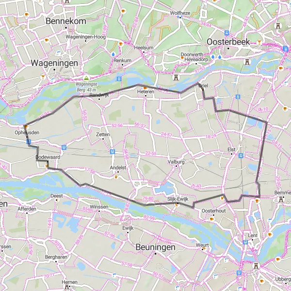 Miniatuurkaart van de fietsinspiratie "Ontspannen fietstocht langs Heteren en Slijk-Ewijk" in Gelderland, Netherlands. Gemaakt door de Tarmacs.app fietsrouteplanner