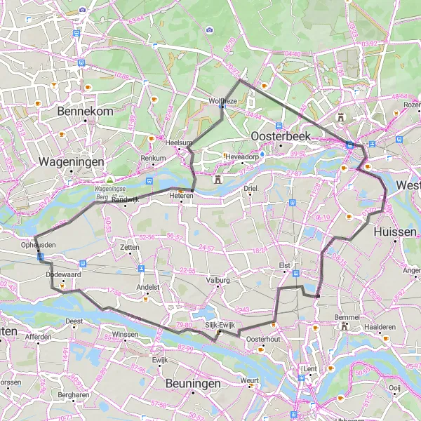 Map miniature of "Journey through Arnhem and Elst" cycling inspiration in Gelderland, Netherlands. Generated by Tarmacs.app cycling route planner
