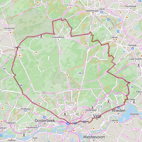 Map miniature of "Gravel Highs and Lows" cycling inspiration in Gelderland, Netherlands. Generated by Tarmacs.app cycling route planner