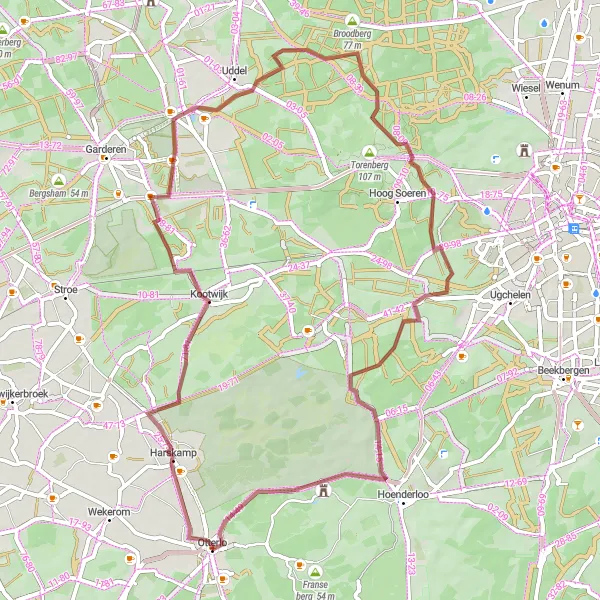 Map miniature of "The Gravel Road through Harskamp and Uddel" cycling inspiration in Gelderland, Netherlands. Generated by Tarmacs.app cycling route planner