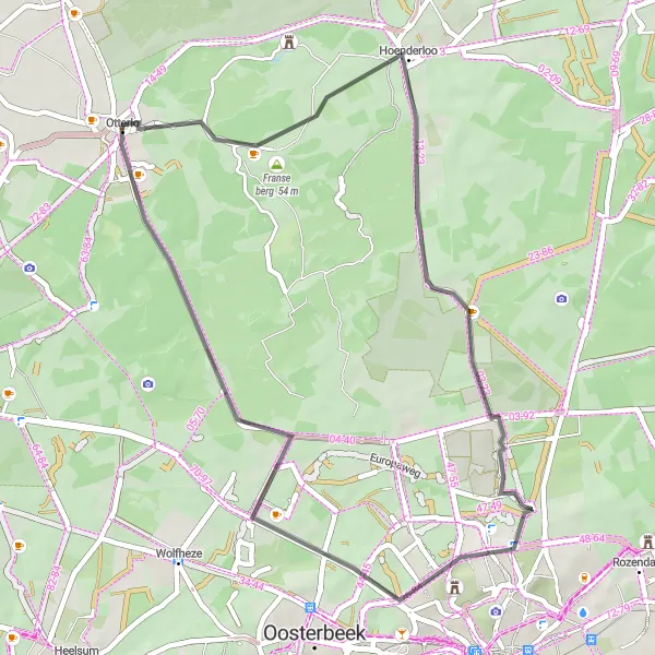 Map miniature of "Rural Road Exploration" cycling inspiration in Gelderland, Netherlands. Generated by Tarmacs.app cycling route planner