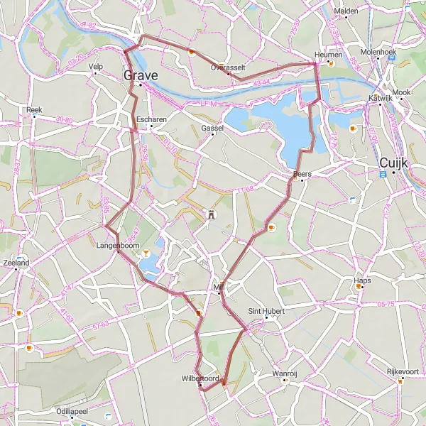Map miniature of "Overasselt Gravel Adventure" cycling inspiration in Gelderland, Netherlands. Generated by Tarmacs.app cycling route planner