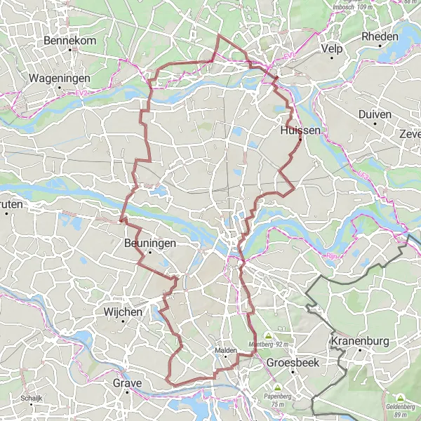 Map miniature of "Overasselt Gravel Route" cycling inspiration in Gelderland, Netherlands. Generated by Tarmacs.app cycling route planner