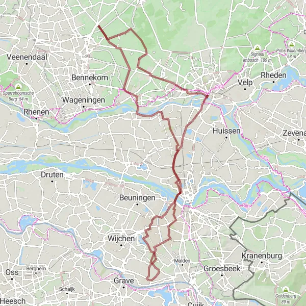 Map miniature of "Discover Hidden Gems: Overasselt Gravel Tour" cycling inspiration in Gelderland, Netherlands. Generated by Tarmacs.app cycling route planner