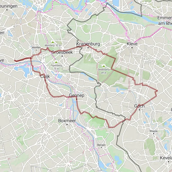 Map miniature of "Heumen and Gennep Gravel Adventure" cycling inspiration in Gelderland, Netherlands. Generated by Tarmacs.app cycling route planner