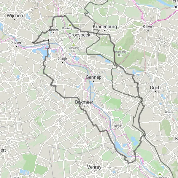 Map miniature of "Scenic Road Escape: Overasselt and Surrounding Delights" cycling inspiration in Gelderland, Netherlands. Generated by Tarmacs.app cycling route planner
