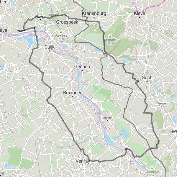 Map miniature of "Road Cycling Adventure: Overasselt and Beyond" cycling inspiration in Gelderland, Netherlands. Generated by Tarmacs.app cycling route planner