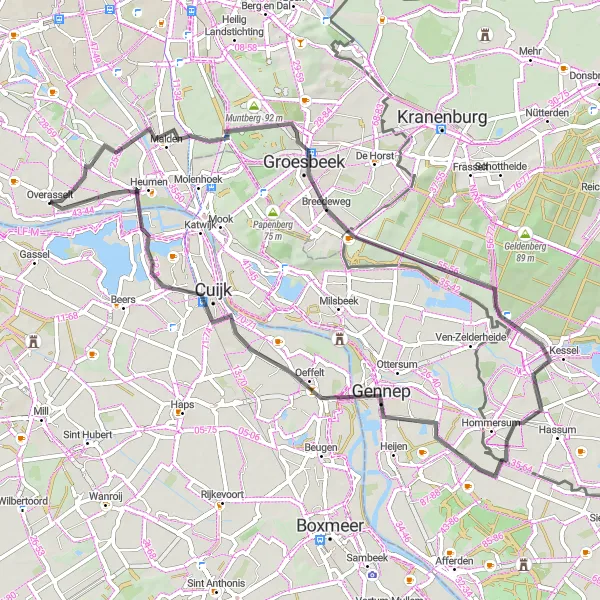 Map miniature of "Overasselt Road Cycling Tour" cycling inspiration in Gelderland, Netherlands. Generated by Tarmacs.app cycling route planner