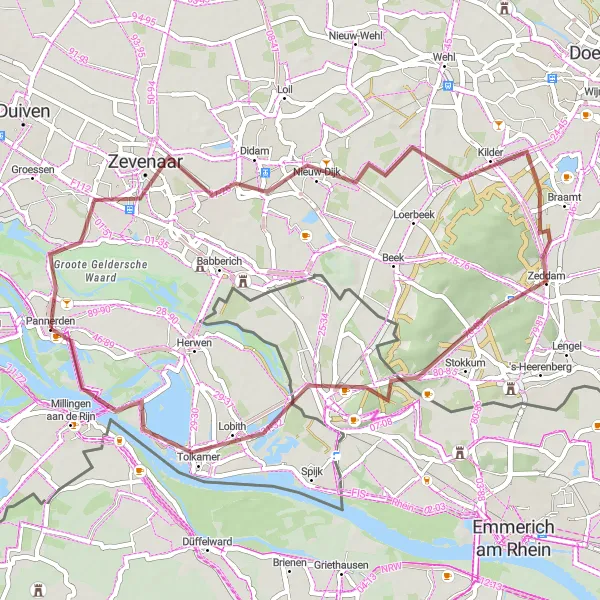 Miniatuurkaart van de fietsinspiratie "Gravelavontuur langs de Rijn en Montferland" in Gelderland, Netherlands. Gemaakt door de Tarmacs.app fietsrouteplanner