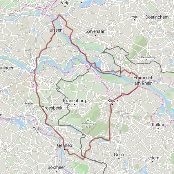 Miniatuurkaart van de fietsinspiratie "Gravelavontuur door de Betuwe en Nijmegen" in Gelderland, Netherlands. Gemaakt door de Tarmacs.app fietsrouteplanner