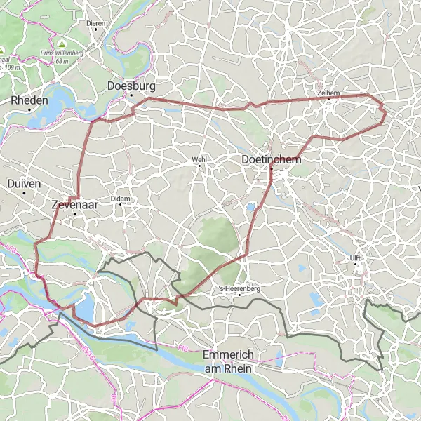 Map miniature of "Gravel Tour Through Gelderland Countryside" cycling inspiration in Gelderland, Netherlands. Generated by Tarmacs.app cycling route planner