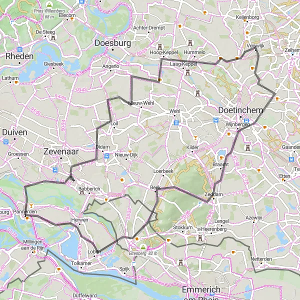 Map miniature of "Exploring the Eastern Netherlands" cycling inspiration in Gelderland, Netherlands. Generated by Tarmacs.app cycling route planner