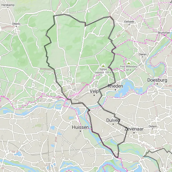Miniatuurkaart van de fietsinspiratie "Verzonken Dorpen en Arnhemse Heuvels Route" in Gelderland, Netherlands. Gemaakt door de Tarmacs.app fietsrouteplanner