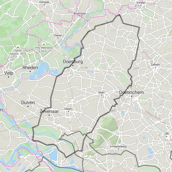 Miniatuurkaart van de fietsinspiratie "Rondje langs de Rijn en door de Achterhoek" in Gelderland, Netherlands. Gemaakt door de Tarmacs.app fietsrouteplanner