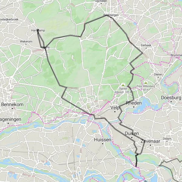 Map miniature of "Arnhem and Rheden Adventure" cycling inspiration in Gelderland, Netherlands. Generated by Tarmacs.app cycling route planner