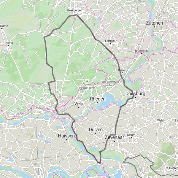 Miniatuurkaart van de fietsinspiratie "Wegroute rond Pannerden via Dieren en Hoenderloo" in Gelderland, Netherlands. Gemaakt door de Tarmacs.app fietsrouteplanner