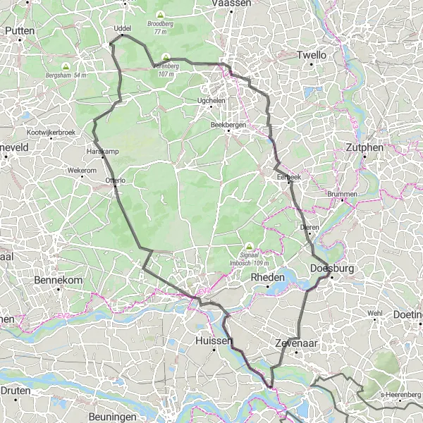 Map miniature of "Arnhem and Paleis het Loo Loop" cycling inspiration in Gelderland, Netherlands. Generated by Tarmacs.app cycling route planner