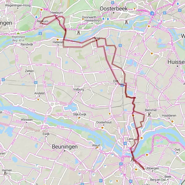 Map miniature of "Elst to Noordberg Gravel Adventure" cycling inspiration in Gelderland, Netherlands. Generated by Tarmacs.app cycling route planner