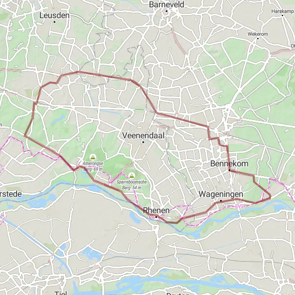 Map miniature of "Renkum - Wageningen - Grebbeberg - Amerongse Bovenpolder - Platform - Leersum - Folcoldusheuvel - Woudenberg - Scherpenzeel - De Klomp - Bennekom Gravel Route" cycling inspiration in Gelderland, Netherlands. Generated by Tarmacs.app cycling route planner