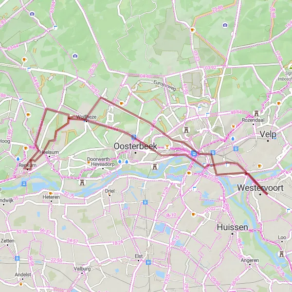 Map miniature of "Renkum - Oosterbeek - Vogelkijkhut Meinerswijk - Arnhem - Belvedère Gravel Route" cycling inspiration in Gelderland, Netherlands. Generated by Tarmacs.app cycling route planner