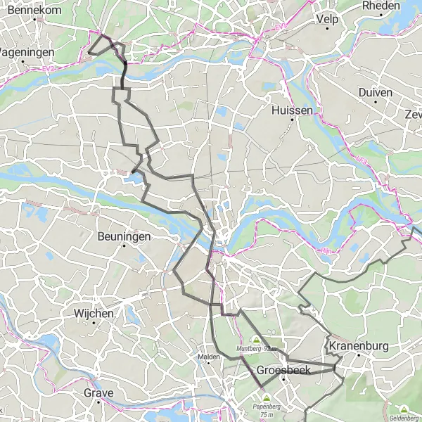 Map miniature of "Renkum - Roundtrip to Nijmegen" cycling inspiration in Gelderland, Netherlands. Generated by Tarmacs.app cycling route planner