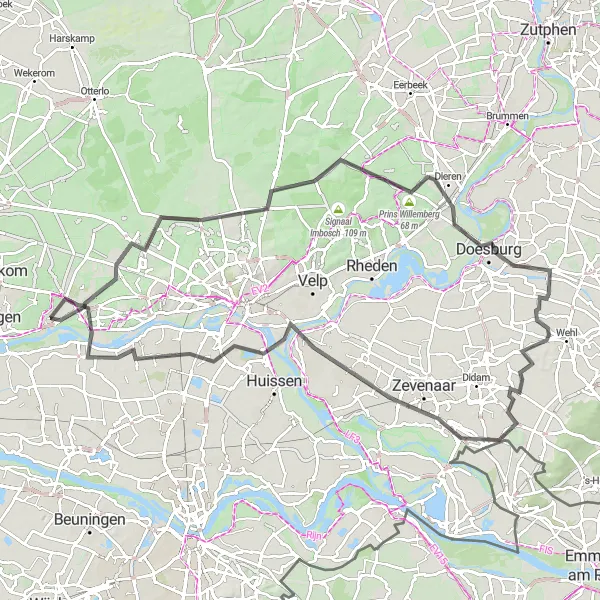 Miniatuurkaart van de fietsinspiratie "Historische route langs de Rijn" in Gelderland, Netherlands. Gemaakt door de Tarmacs.app fietsrouteplanner