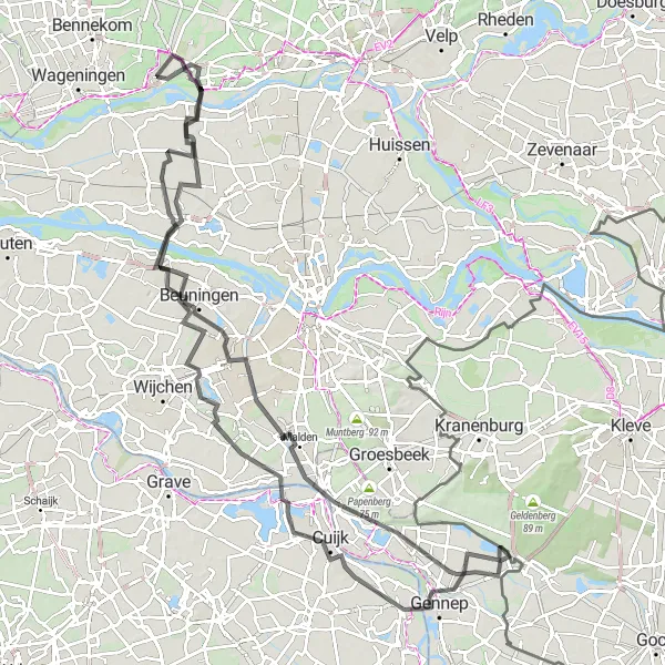 Map miniature of "Renkum - Heteren - Herveld - Donderberg - Heumen - Ven-Zelderheide - Mookerschans - Molenhoek - Beuningen - Noordberg Road Route" cycling inspiration in Gelderland, Netherlands. Generated by Tarmacs.app cycling route planner