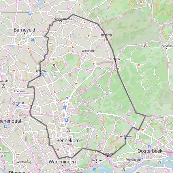 Map miniature of "Wageningen and Surroundings" cycling inspiration in Gelderland, Netherlands. Generated by Tarmacs.app cycling route planner