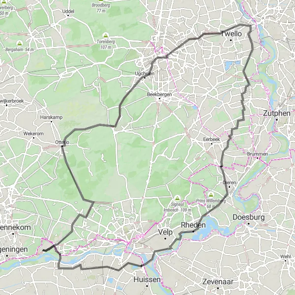 Map miniature of "Renkum and Surroundings" cycling inspiration in Gelderland, Netherlands. Generated by Tarmacs.app cycling route planner