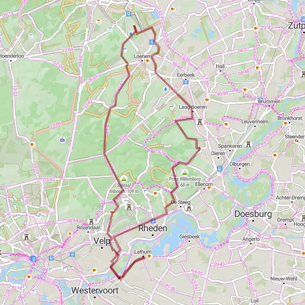 Map miniature of "The Velp Gravel Adventure" cycling inspiration in Gelderland, Netherlands. Generated by Tarmacs.app cycling route planner