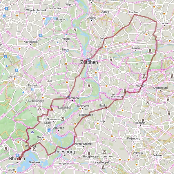 Map miniature of "Zutphen and the Forests" cycling inspiration in Gelderland, Netherlands. Generated by Tarmacs.app cycling route planner