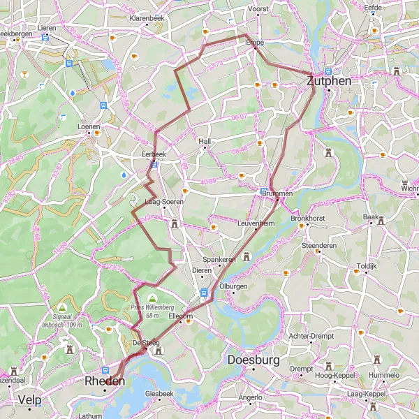 Map miniature of "Hidden Villages and Forests" cycling inspiration in Gelderland, Netherlands. Generated by Tarmacs.app cycling route planner