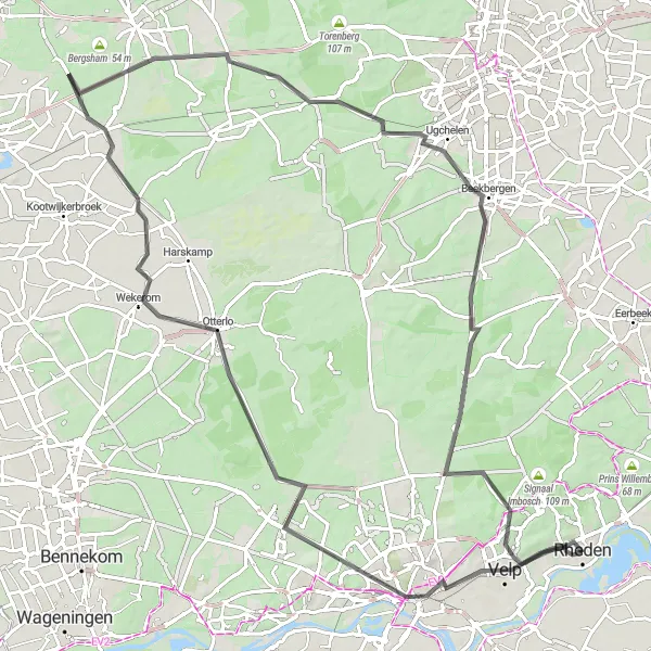Map miniature of "Rheden - Otterlo - Rheden" cycling inspiration in Gelderland, Netherlands. Generated by Tarmacs.app cycling route planner