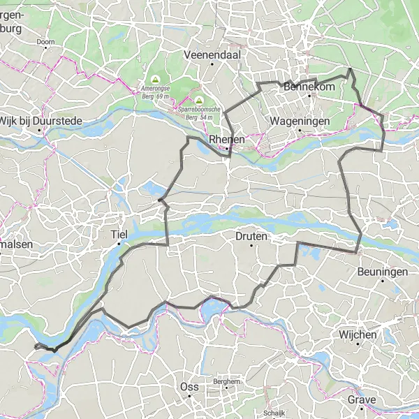 Miniatuurkaart van de fietsinspiratie "Avontuurlijke fietsexpeditie door Rhenen en Heerewaarden" in Gelderland, Netherlands. Gemaakt door de Tarmacs.app fietsrouteplanner