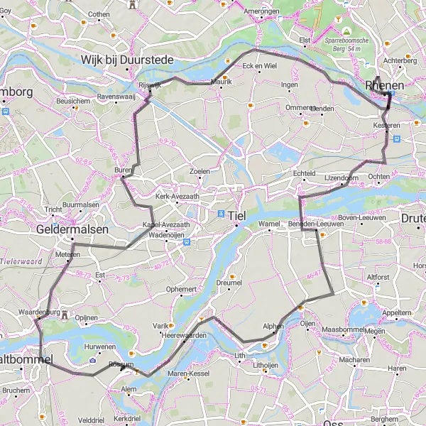 Miniatuurkaart van de fietsinspiratie "Fietsroute van Rossum naar Rhenen en Waardenburg" in Gelderland, Netherlands. Gemaakt door de Tarmacs.app fietsrouteplanner