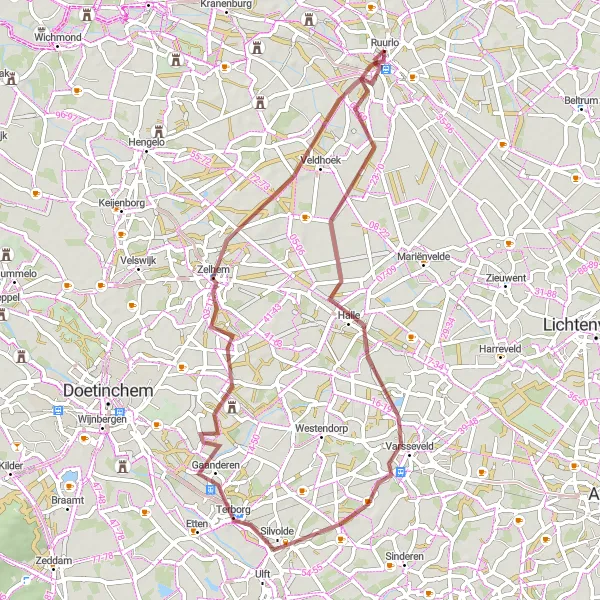 Map miniature of "Ruurlo to Zelhem Gravel Route" cycling inspiration in Gelderland, Netherlands. Generated by Tarmacs.app cycling route planner