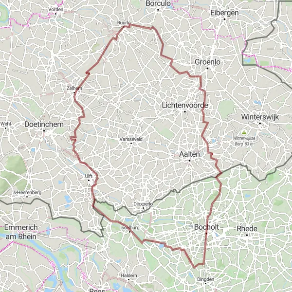 Miniatuurkaart van de fietsinspiratie "Gravelavontuur Achterhoek en Duitsland" in Gelderland, Netherlands. Gemaakt door de Tarmacs.app fietsrouteplanner