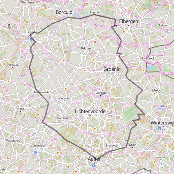 Map miniature of "Ruurlo to Zwolle Road Route" cycling inspiration in Gelderland, Netherlands. Generated by Tarmacs.app cycling route planner