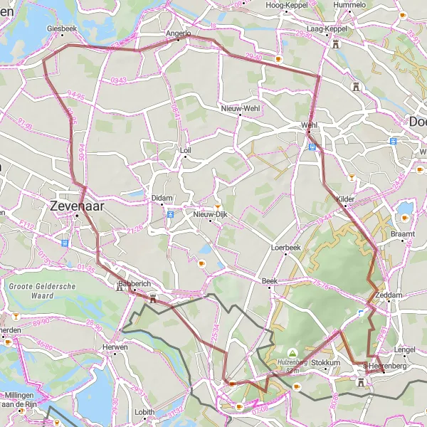 Miniatuurkaart van de fietsinspiratie "Groene Heuvels en Historische Plekken Gravel Route" in Gelderland, Netherlands. Gemaakt door de Tarmacs.app fietsrouteplanner