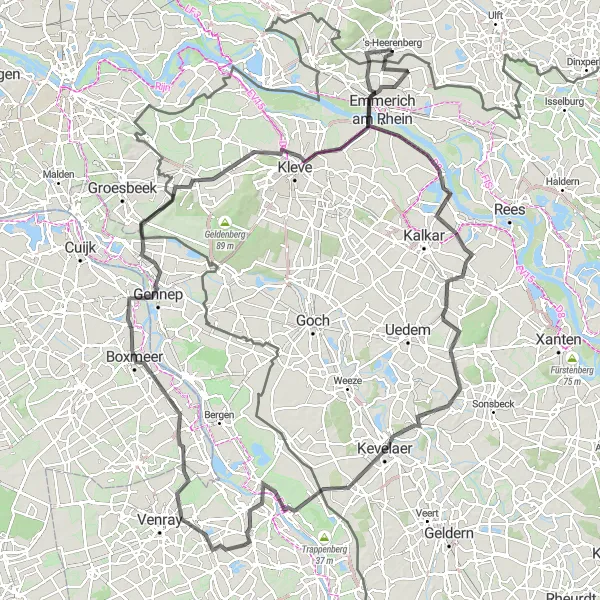 Map miniature of "Gelderland Road Challenge" cycling inspiration in Gelderland, Netherlands. Generated by Tarmacs.app cycling route planner