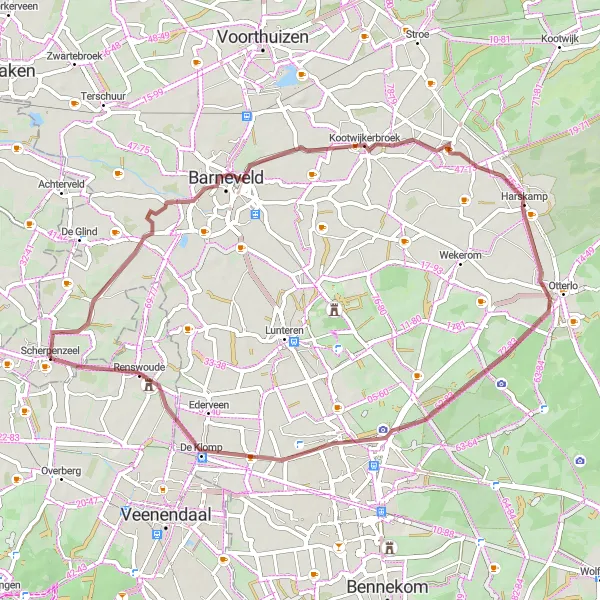 Miniatuurkaart van de fietsinspiratie "Kootwijkerbroek en Harskamp route" in Gelderland, Netherlands. Gemaakt door de Tarmacs.app fietsrouteplanner