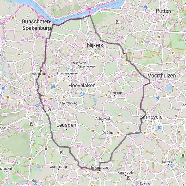Miniatuurkaart van de fietsinspiratie "Leusden-Zuid en Nijkerkernauw route" in Gelderland, Netherlands. Gemaakt door de Tarmacs.app fietsrouteplanner